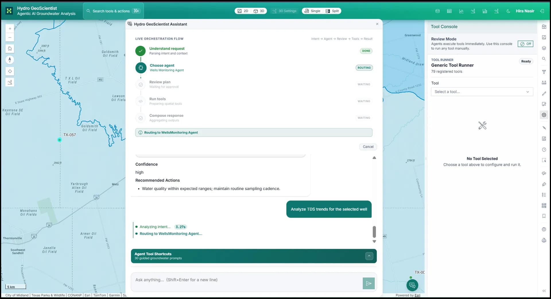 AI agent result shown alongside geospatial evidence.