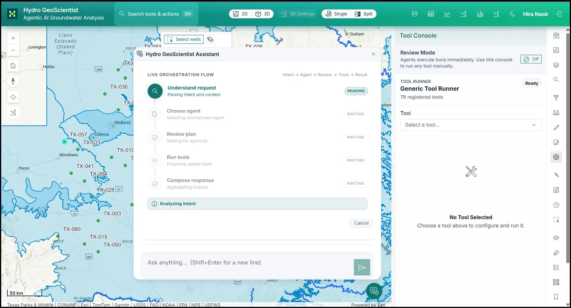AI agents running a workflow inside the GIS assistant.