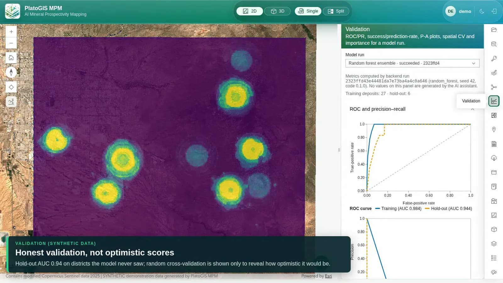 Mineral Prospectivity validation view with a prospectivity map and ROC curves.