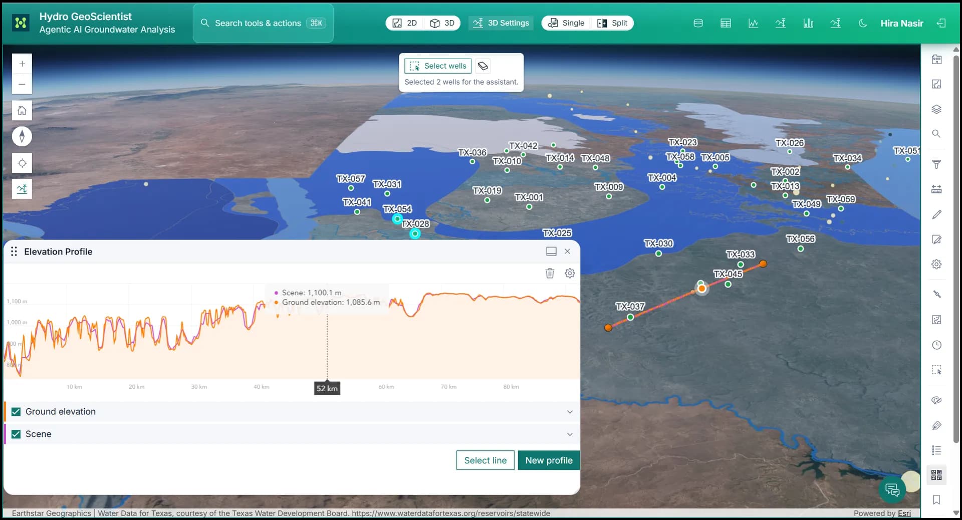 Elevation profile panel in a GIS workspace.