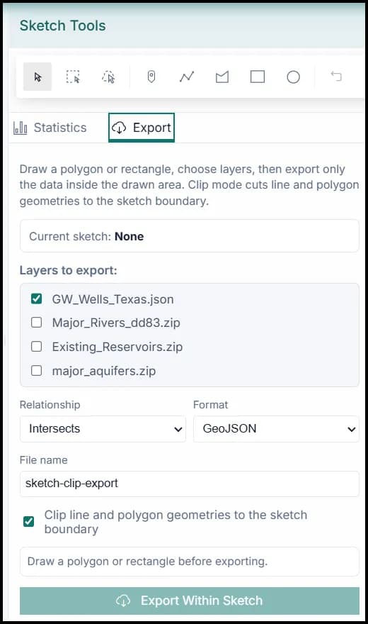 Export panel in the GIS application.