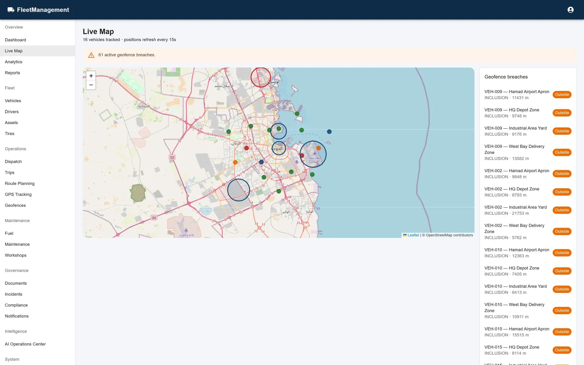 Fleet Management live map with vehicle positions and geofences.