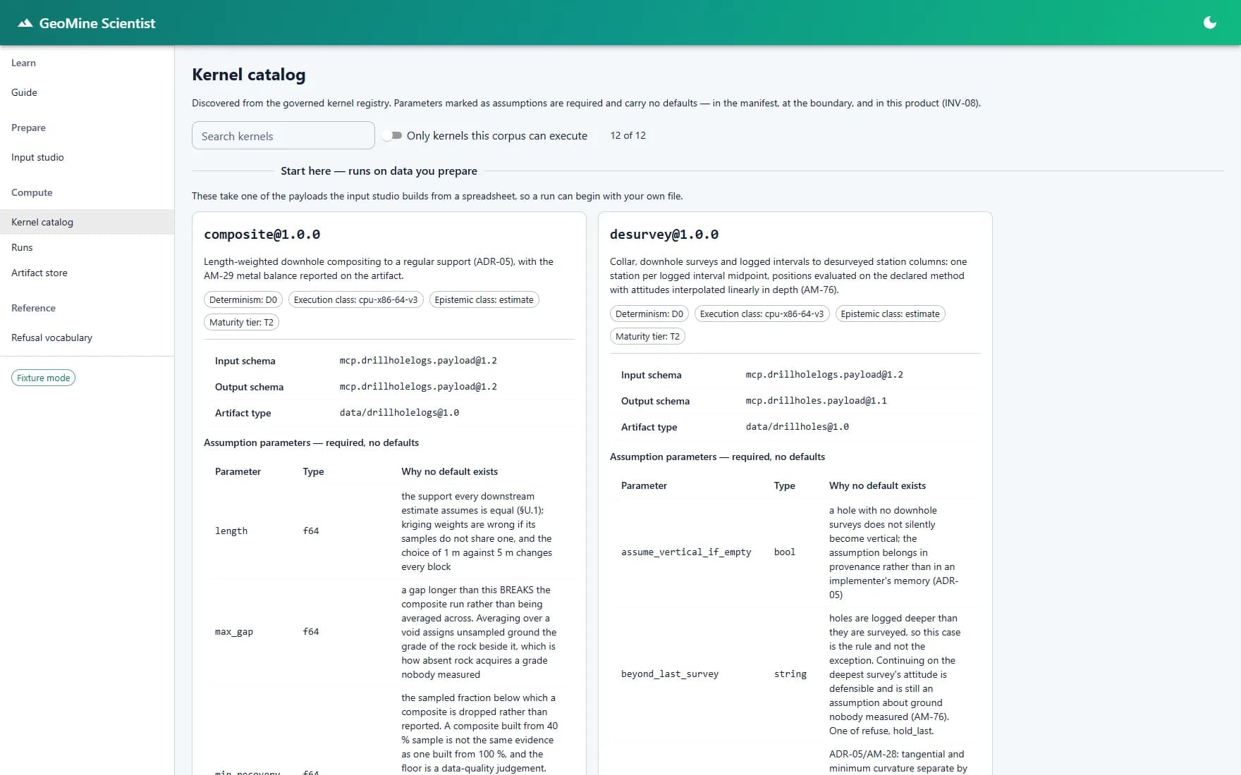 GeoMine Studio kernel catalog listing governed mining compute kernels with determinism and schema metadata.