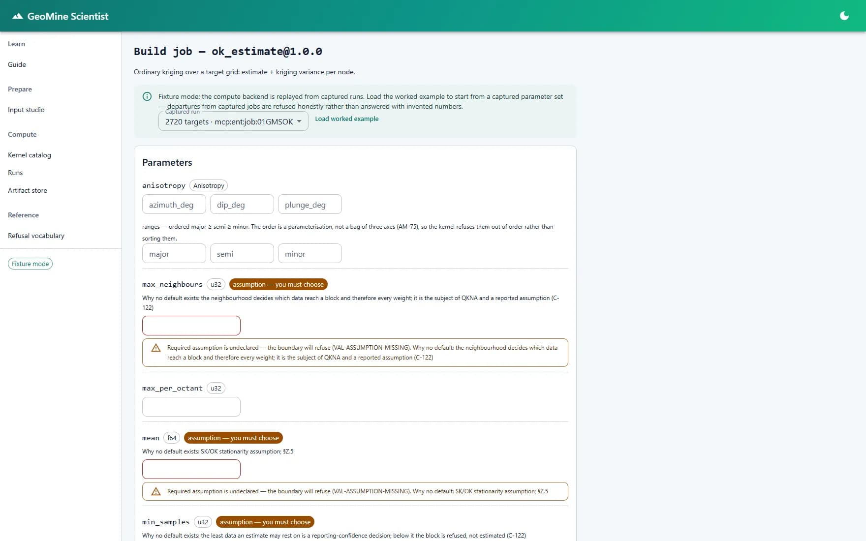 GeoMine Studio job builder for ordinary kriging showing required assumption parameters with no defaults.