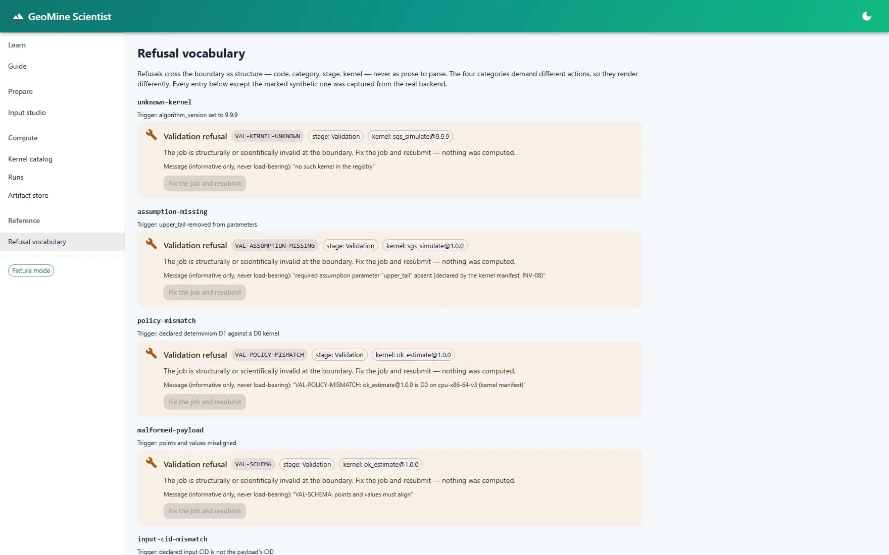 GeoMine Studio refusal vocabulary showing structured validation refusal codes, categories, and stages.