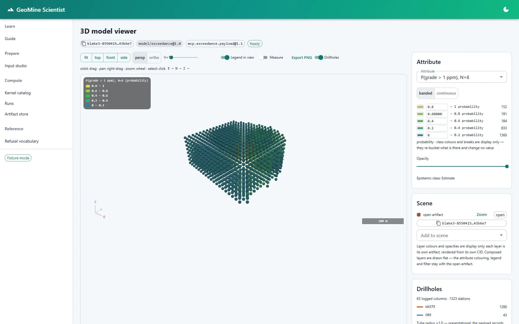 GeoMine Studio 3D exceedance probability model showing probability of exceeding a grade cut-off.