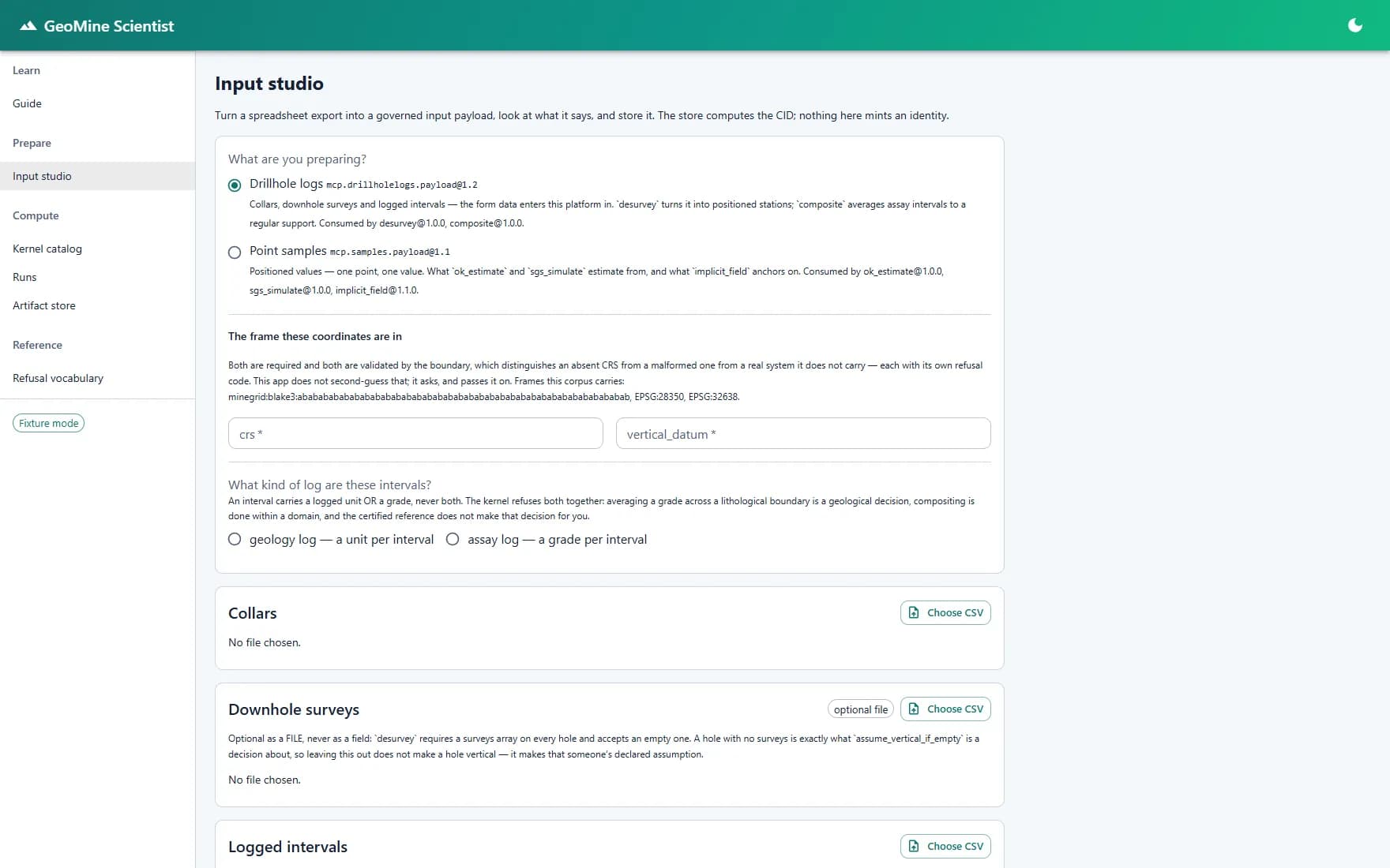 GeoMine Studio input studio for preparing content-addressed sample payloads.