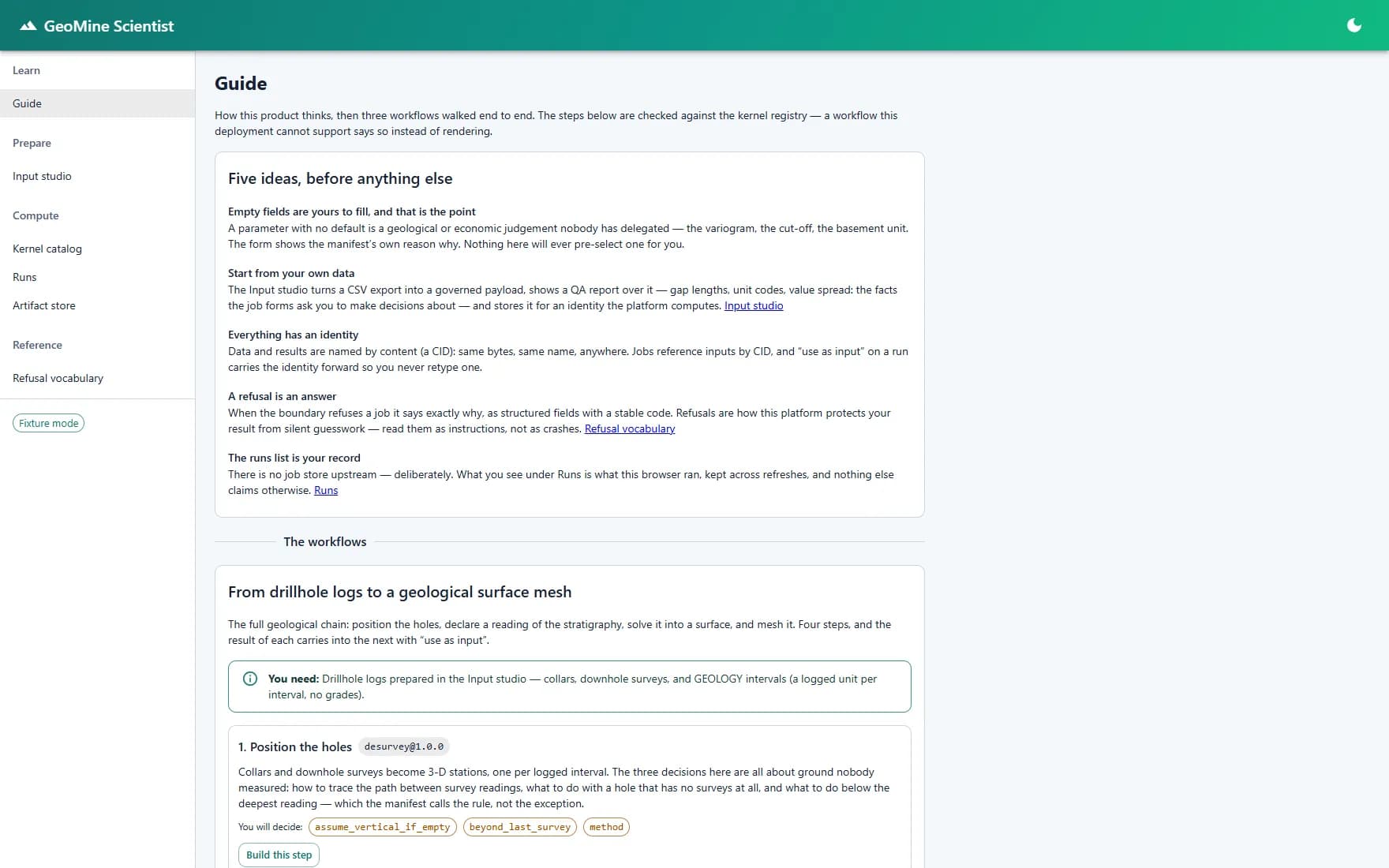 GeoMine Studio in-app guide explaining kernels, artifacts, and provenance vocabulary.
