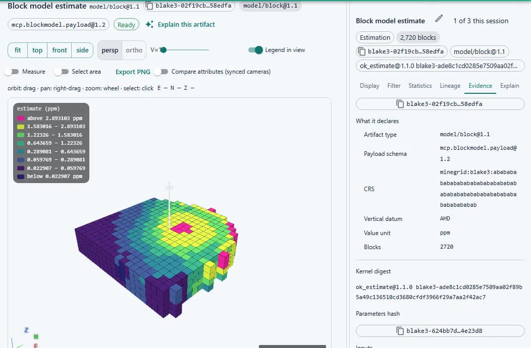 GeoMine Studio 3D block model of kriged grade estimates coloured in a viridis scale, beside an artifact inspector panel.