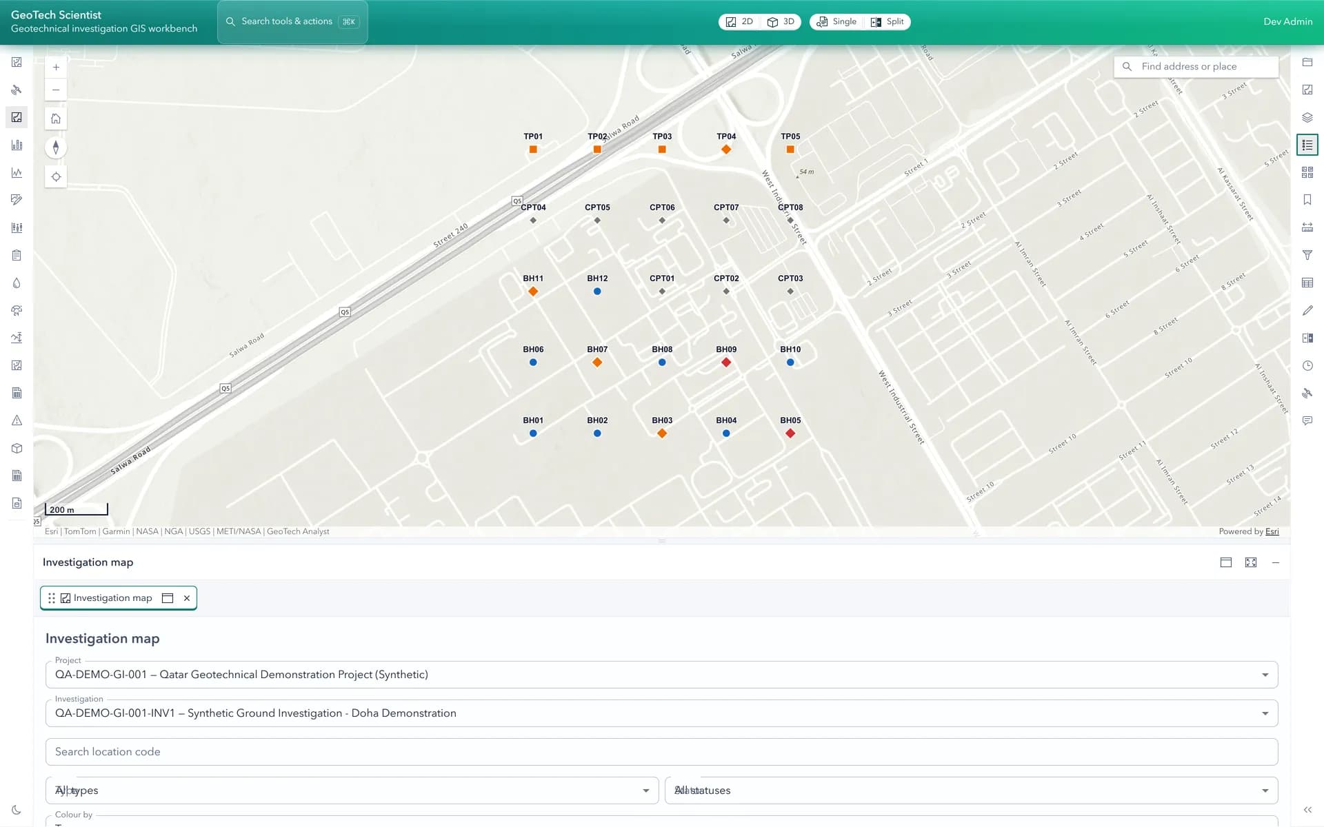 GeoTech Scientist investigation map with plotted boreholes and location filters.