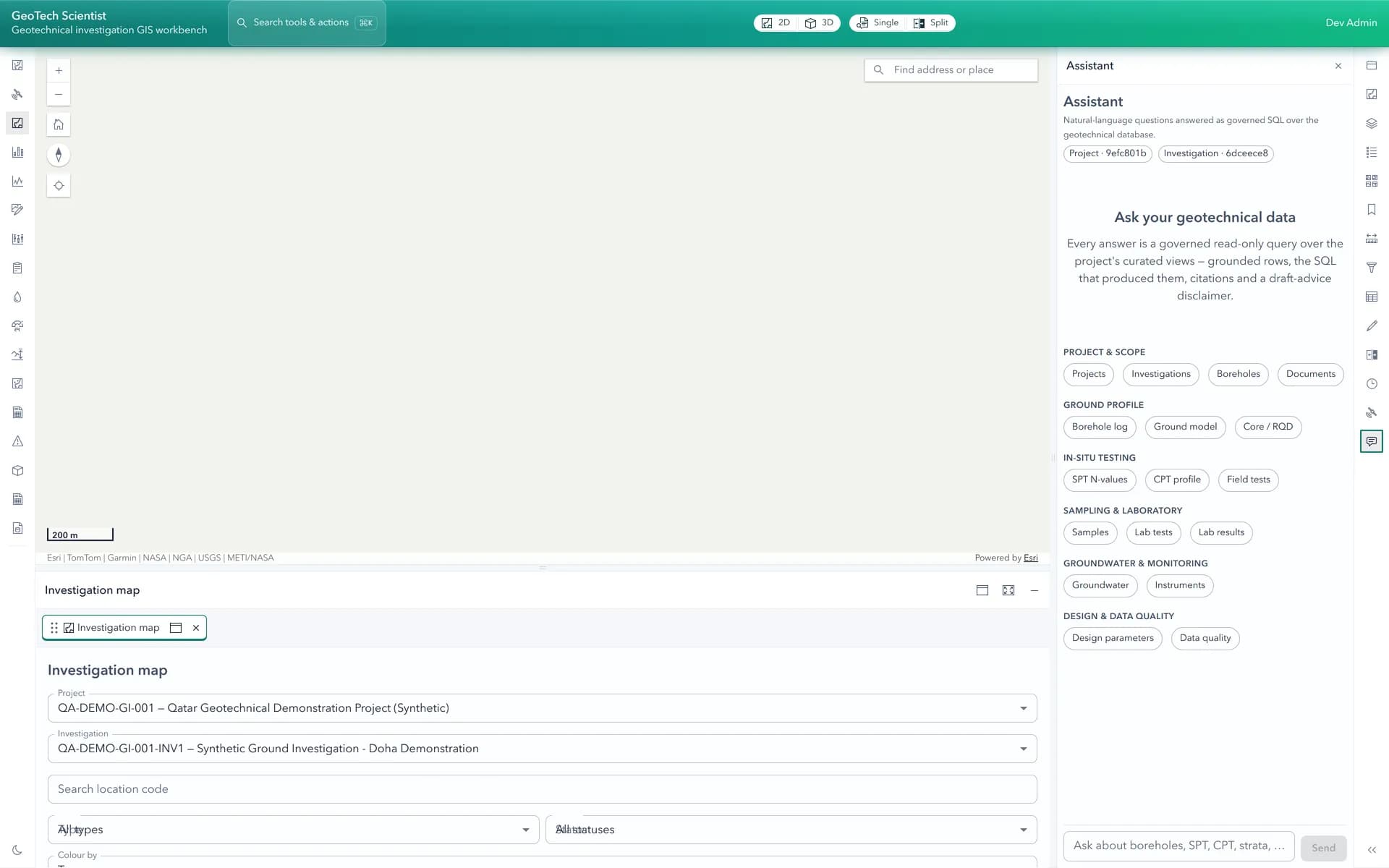 GeoTech Scientist assistant with scoped question categories over project geotechnical data.