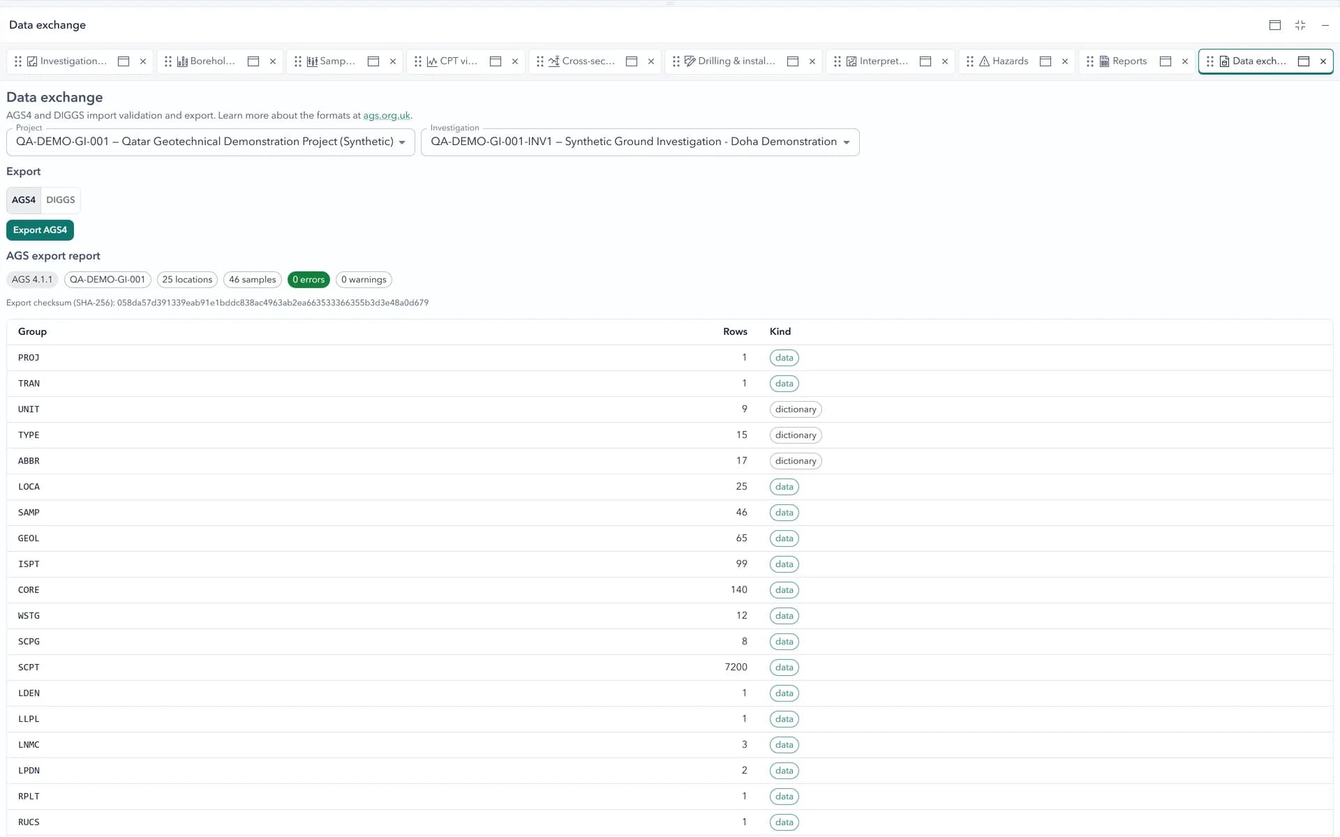 GeoTech Scientist data exchange screen for AGS4 and DIGGS import and export.