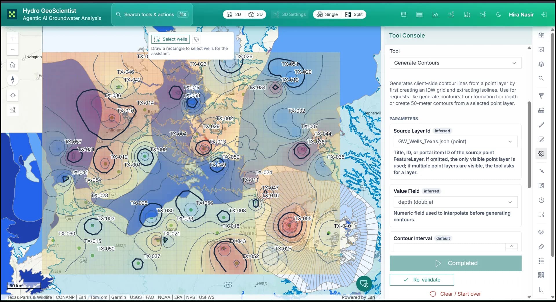 Grids and contours displayed over map layers.