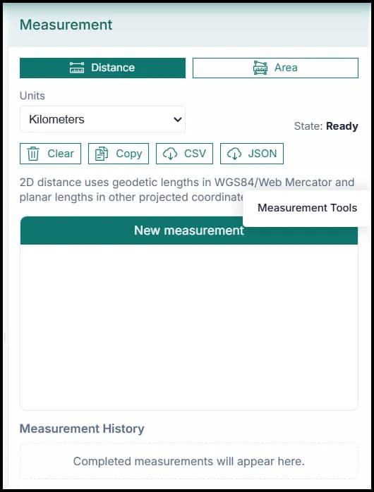 Measurement panel in a GIS application.