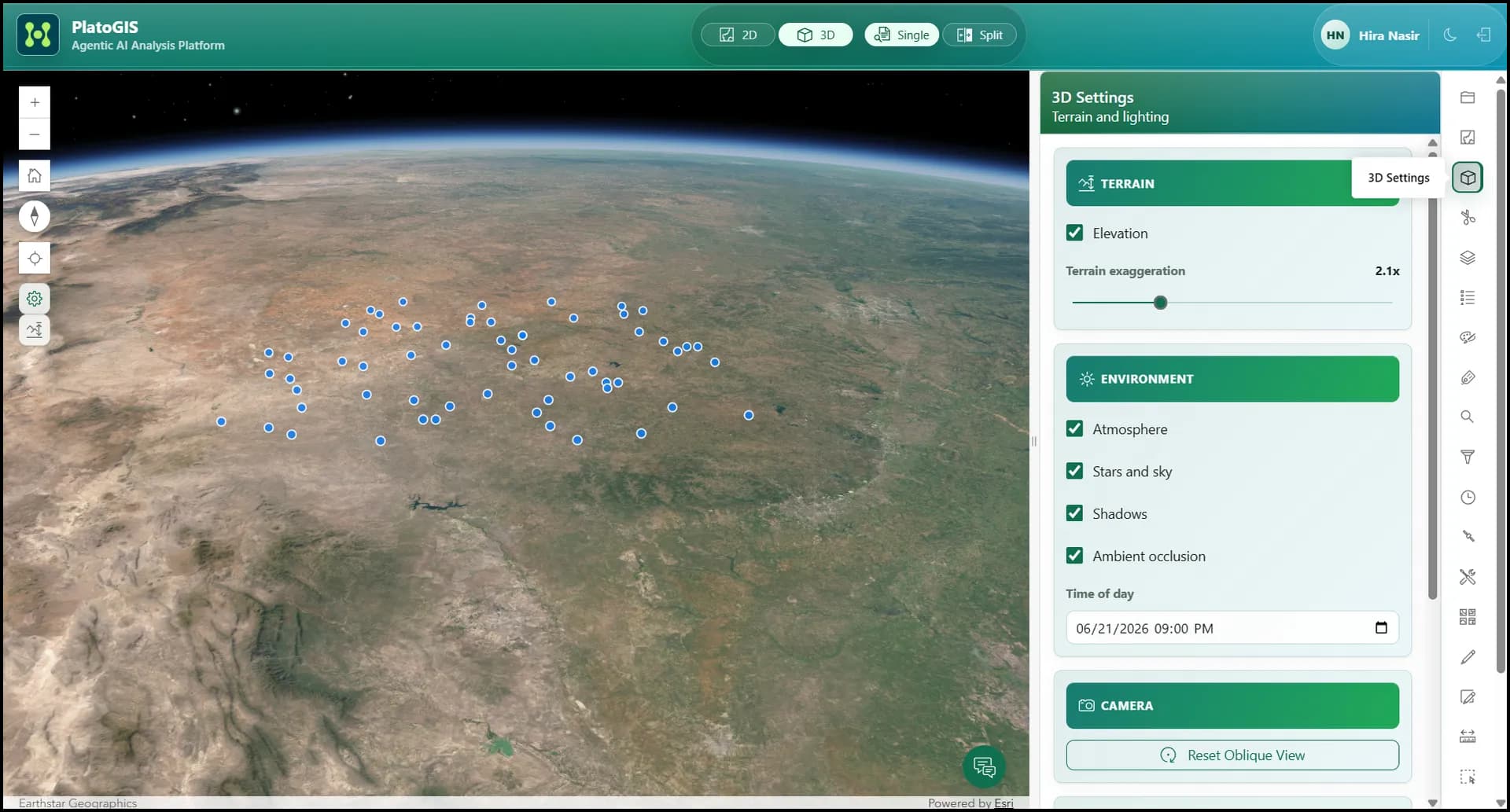 Plato GIS 3D view with map data.