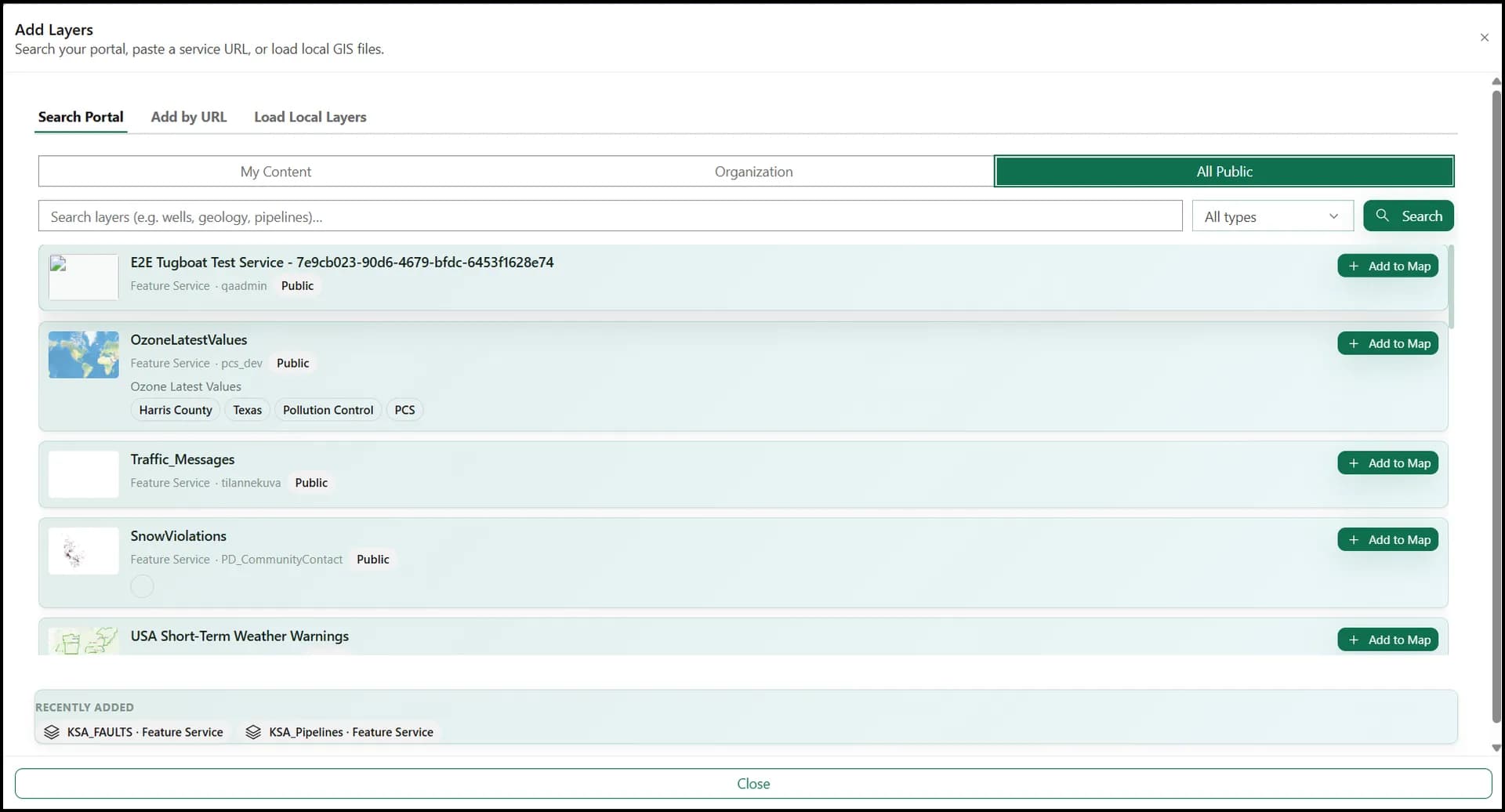 Plato GIS portal layer search and add workflow.