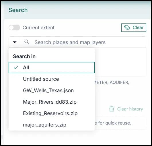 Search panel in the GIS workspace.