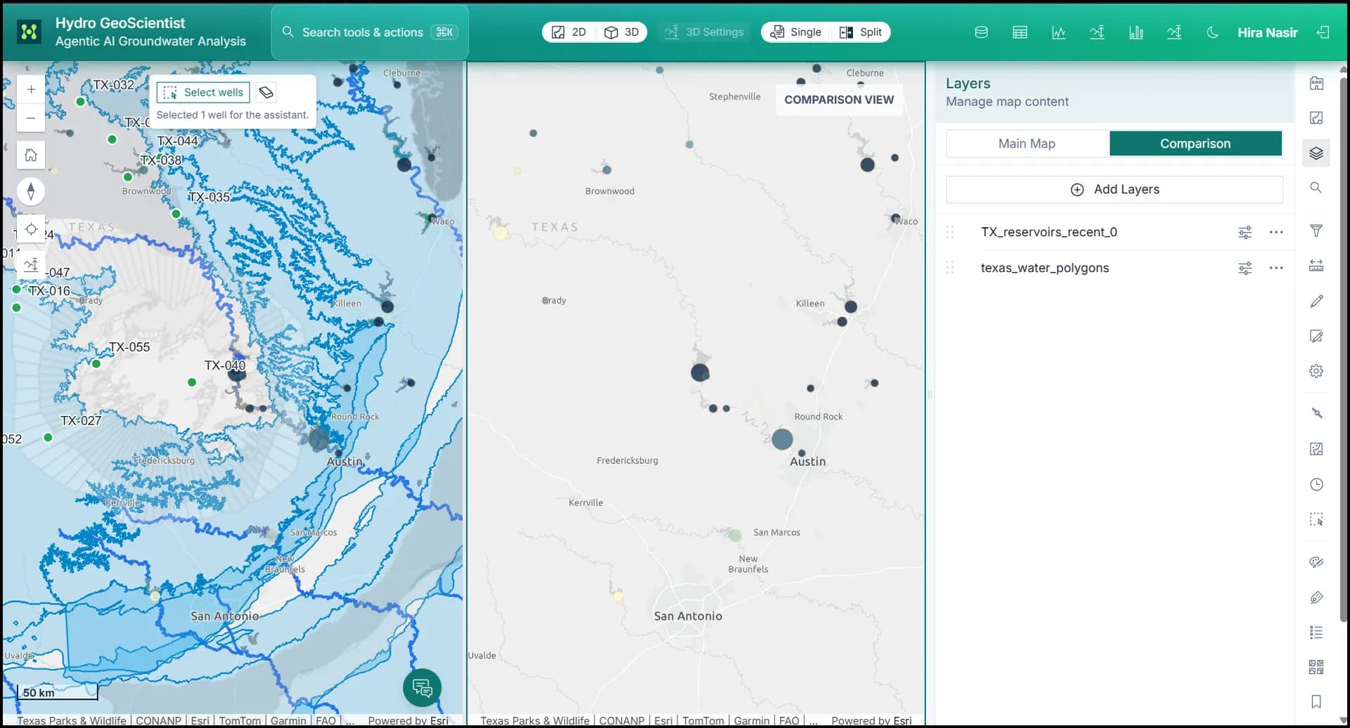 Two synchronized 2D GIS map views shown side by side.