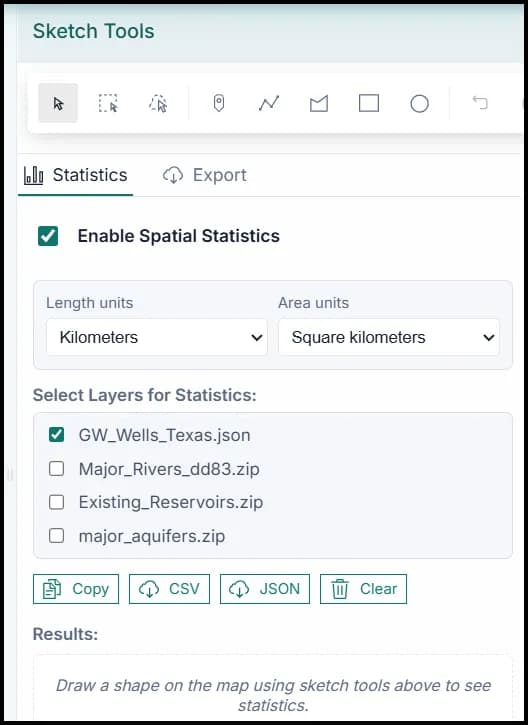 Statistics panel with GIS measurements and summaries.