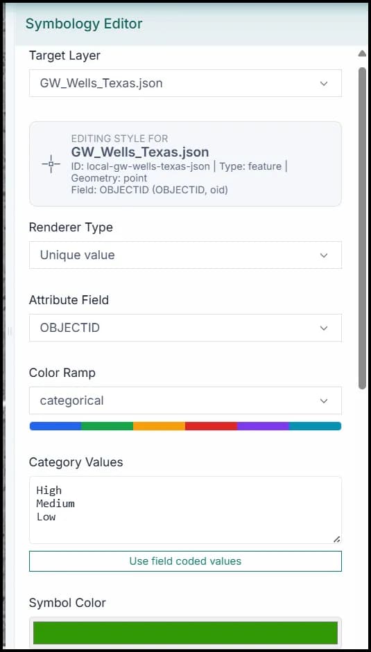 Symbology editor open over a GIS map.