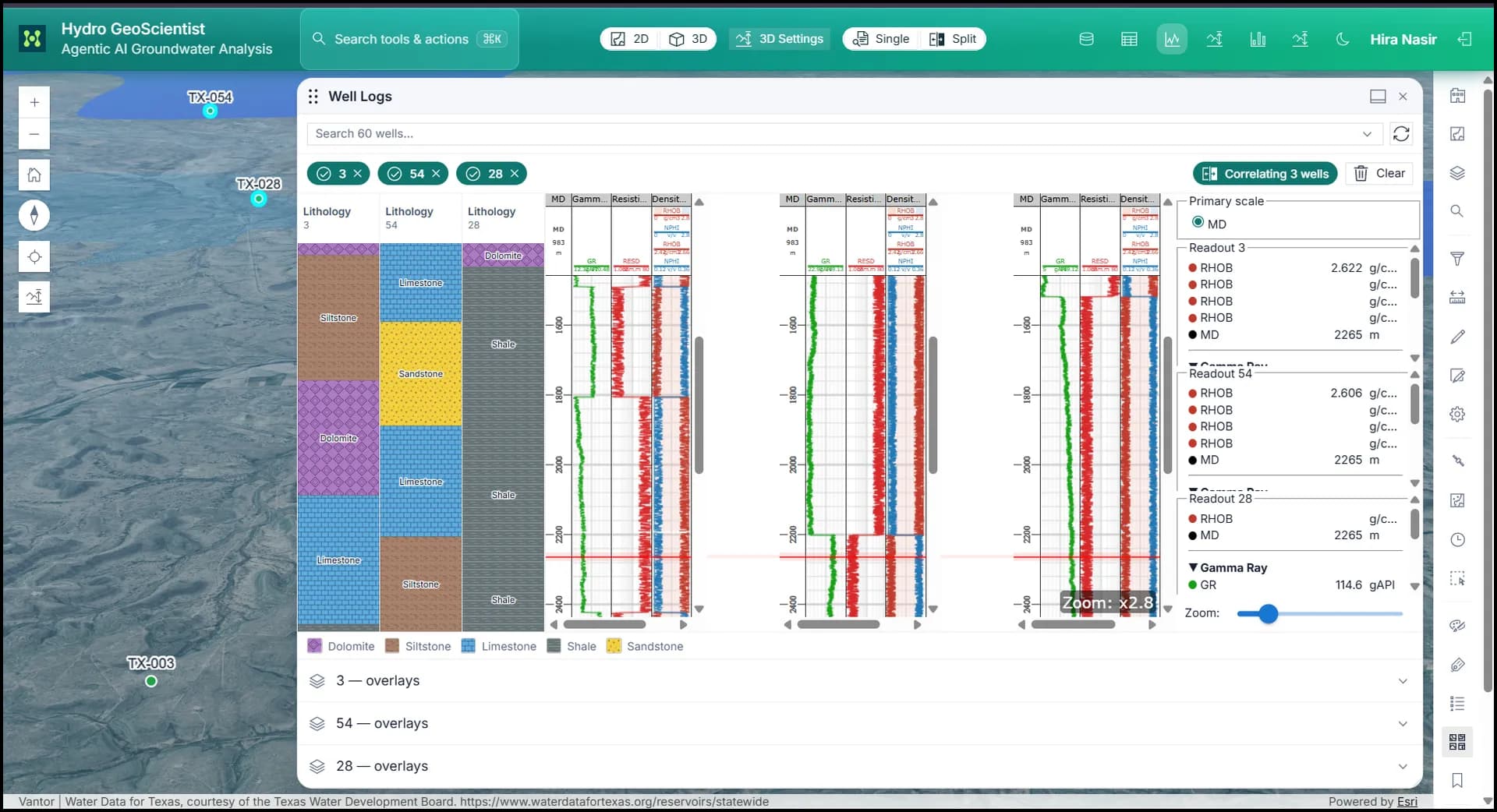 Well logs and correlation panel in a GIS workspace.