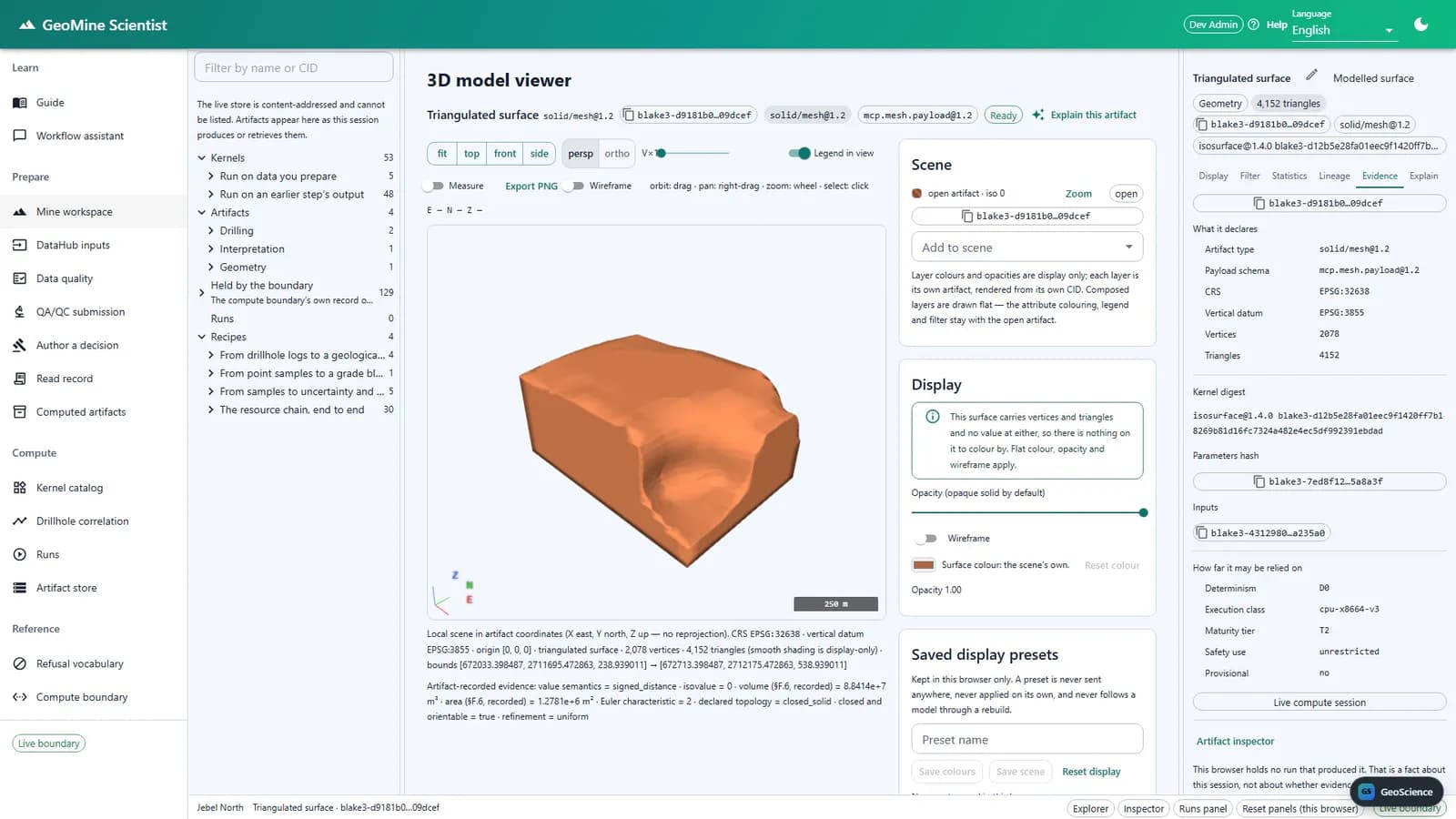 GeoMine Studio 3D viewer showing an orange watertight estimation shell solid.
