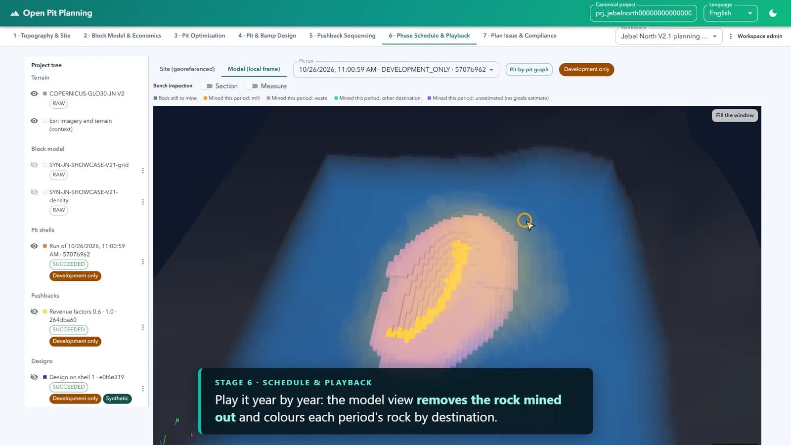 Open Pit Planning schedule playback in 3D with mined periods coloured by destination.