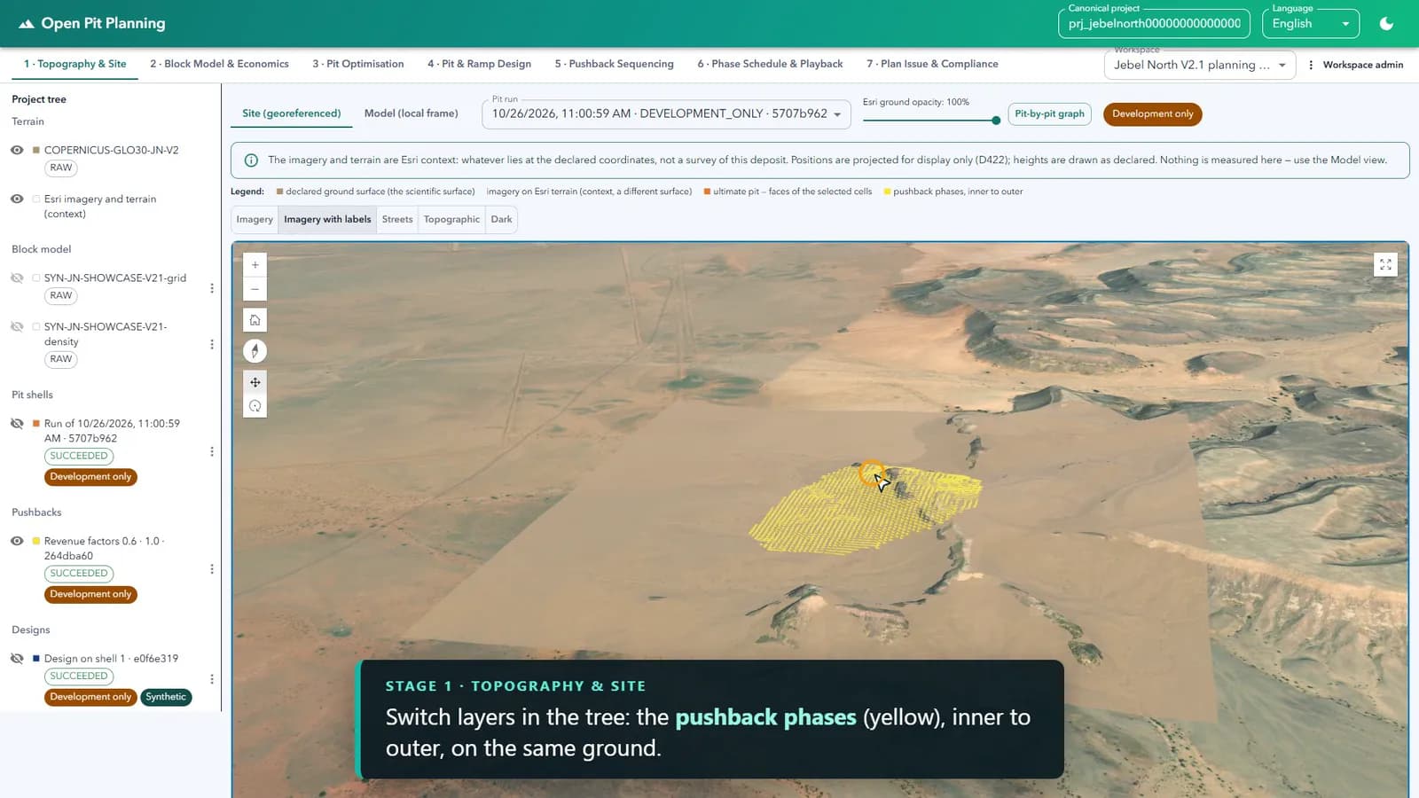 Open Pit Planning site view with yellow pushback phases over desert terrain.