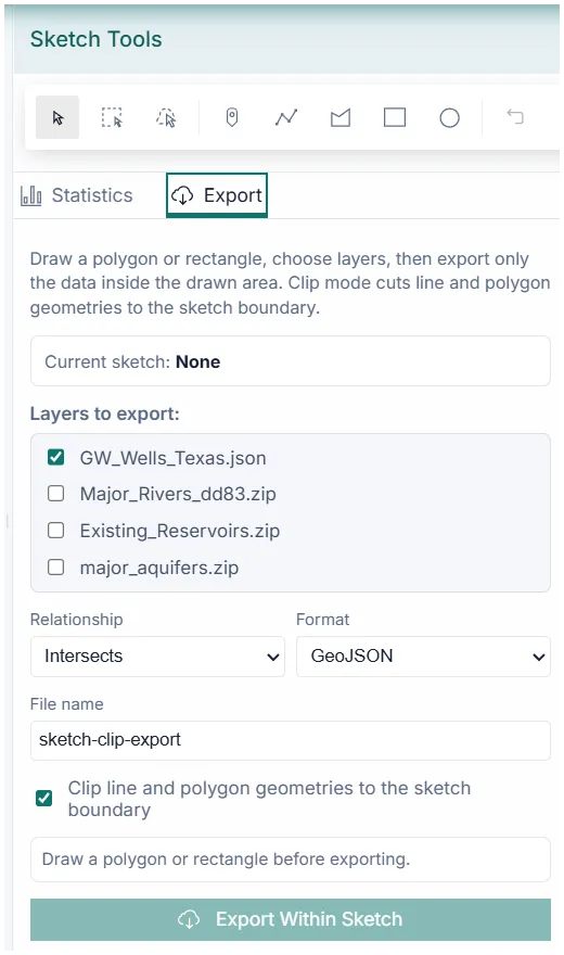 Export panel in the GIS application.