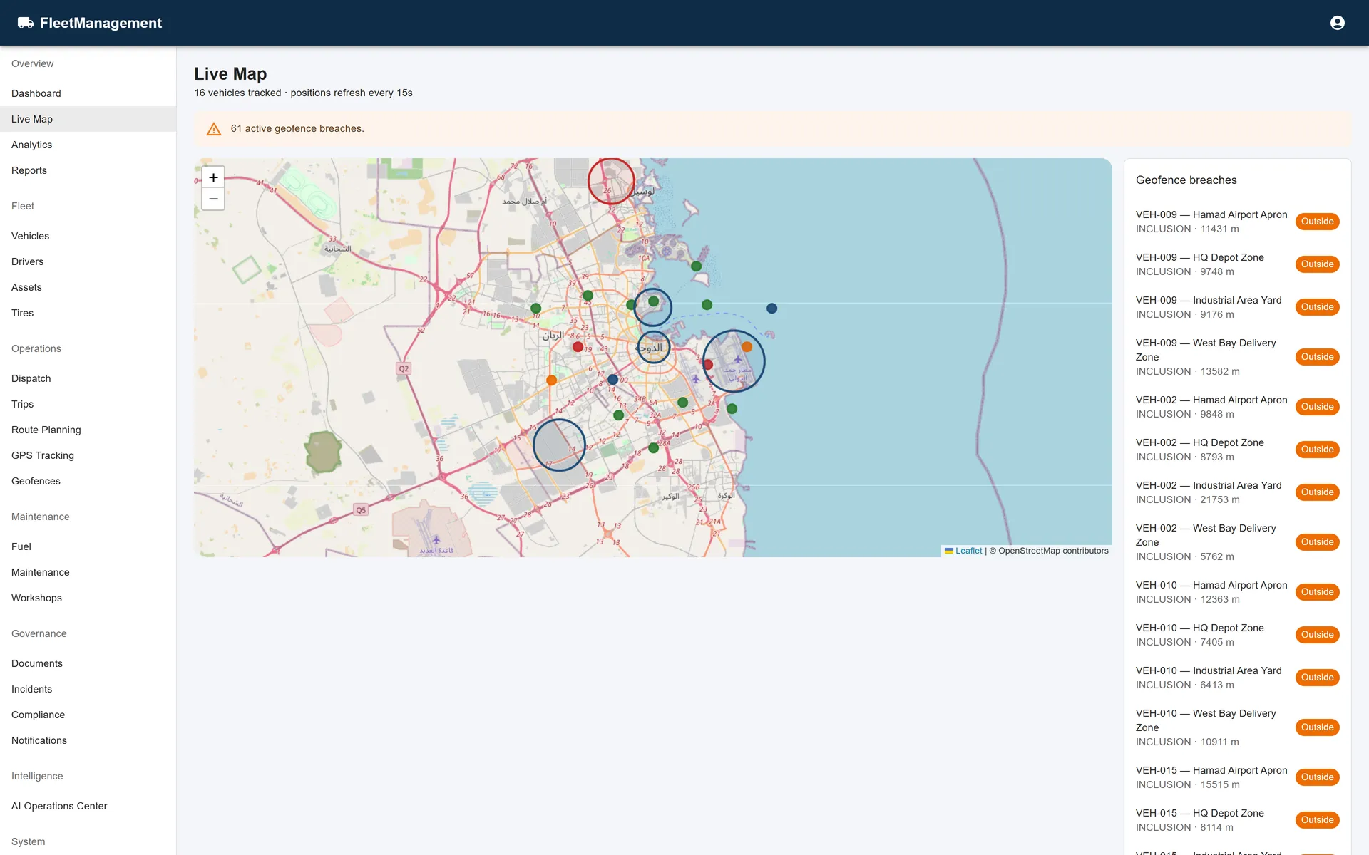 Fleet Management live map with vehicle positions and geofences.