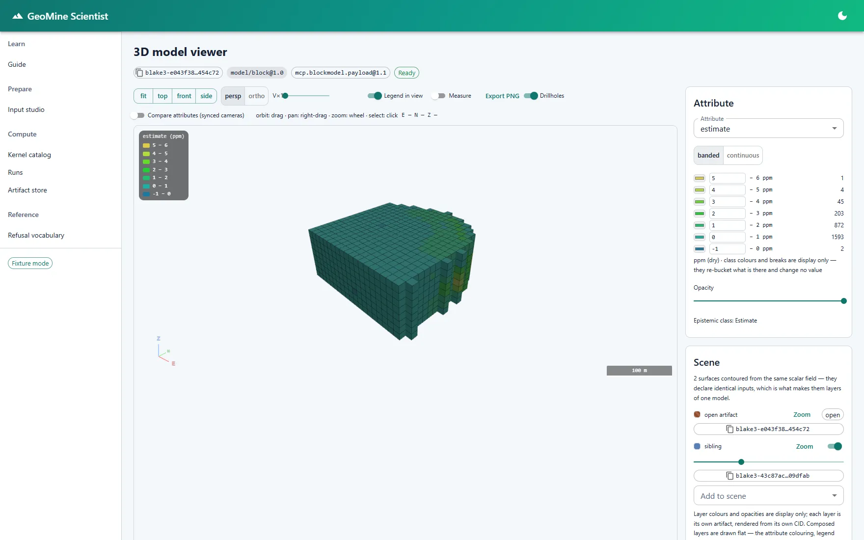 GeoMine Scientist 3D block model of kriged grade estimates with a banded grade legend.