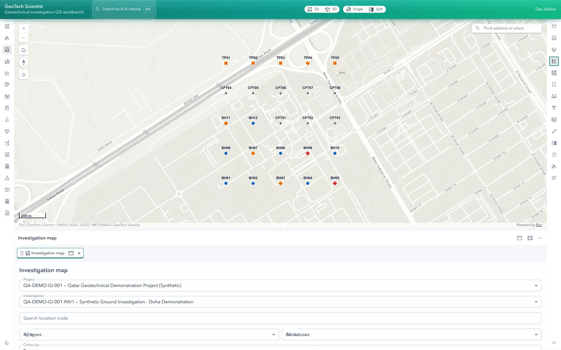 GeoTech Scientist investigation map with plotted boreholes and location filters.