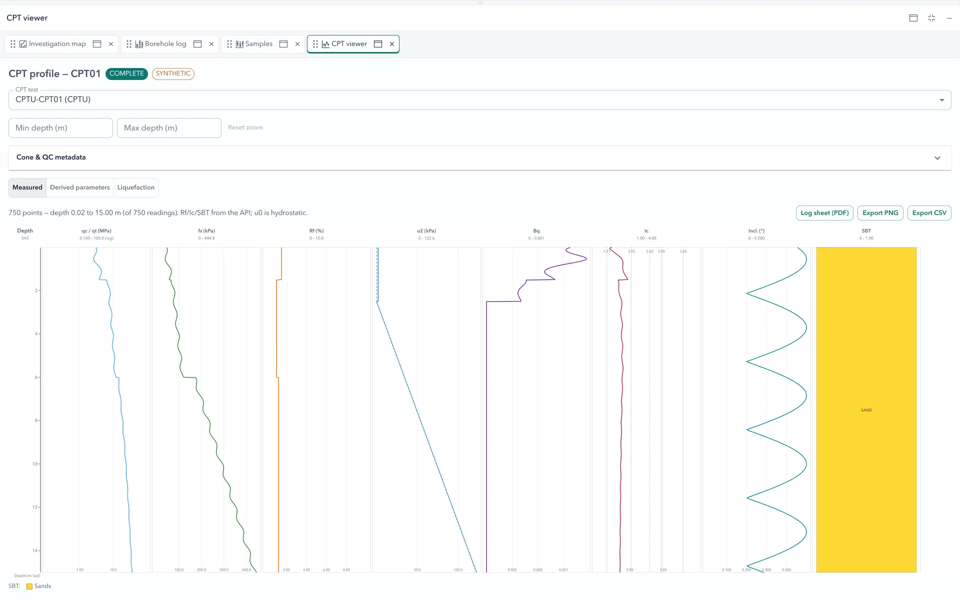 GeoTech Scientist CPT viewer showing cone resistance, sleeve friction, and soil behaviour type charts.