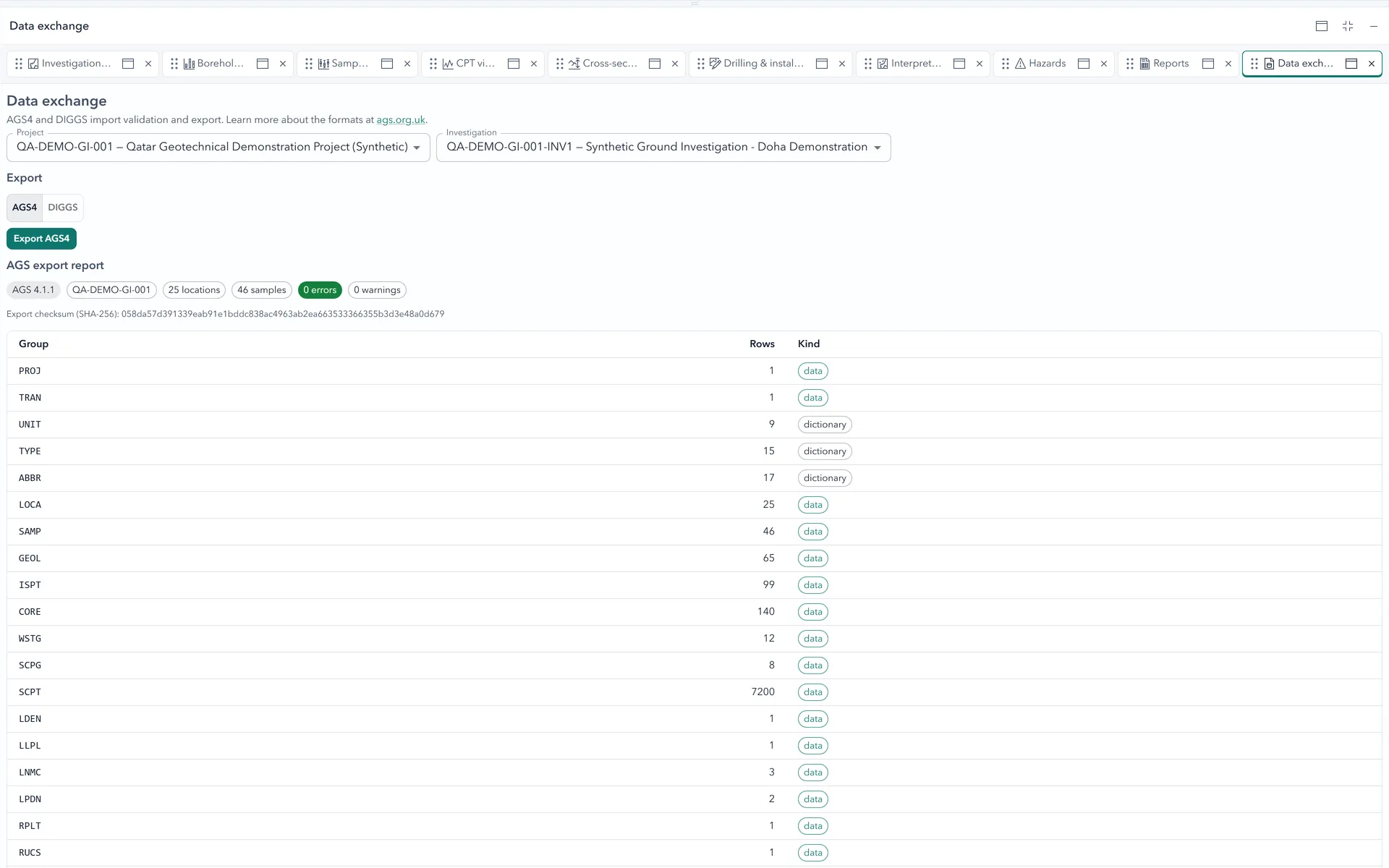 GeoTech Scientist data exchange screen for AGS4 and DIGGS import and export.