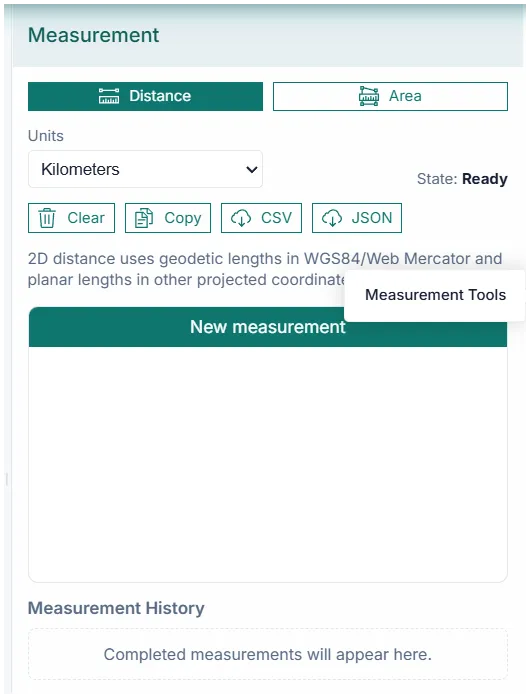 Measurement panel in a GIS application.