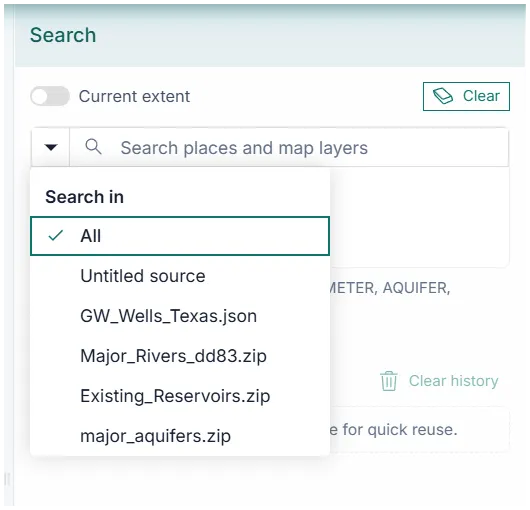 Search panel in the GIS workspace.