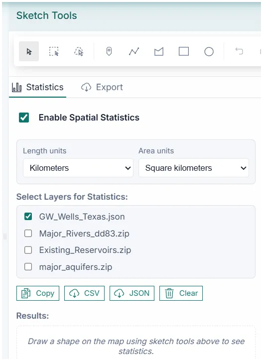 Statistics panel with GIS measurements and summaries.